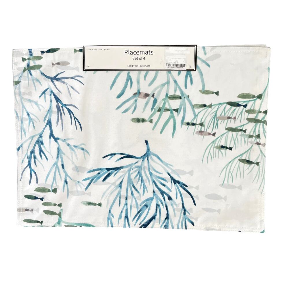 BENSON MILLS Set of 4 Ocean Flora Sealife Spill Proof Cloth 13X18 Placemats NEW